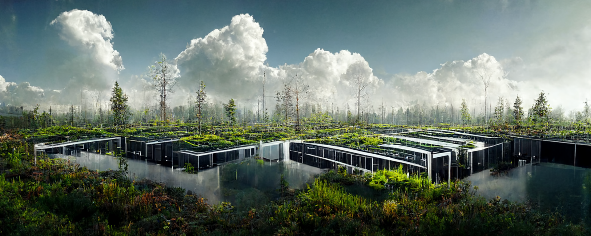 Back to nature: imagery of a server farm blending with natural elements.